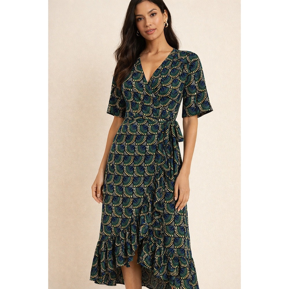 Silk & Salt Maxi Wrap Dress‎ Size S Green Blue African Peacock Print Journey
